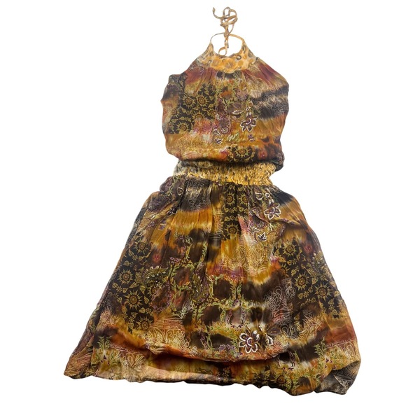 Vintage Y2K 100% SILK Halter Mini Dress Size 14 Open Back Lined Boho Browns - Picture 4 of 13